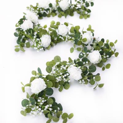 China Wholesale Artificial Flower Vine Eucalyptus Silk Garland with Fake White Silk Rose Gypsophila for Party Wedding and Home Decor for sale