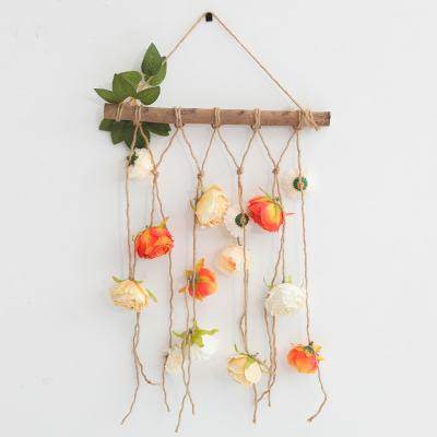 China Art Decor Hot Sale Retro Autumn Artificial Flower Rose Daisy Wall Hanging with Wooden Sticks for Home Fresh and Natural Decoration for sale