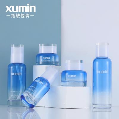 China Personal Care Cream 100ml and 30g Glass Cosmetic Bottle Blue Jar 120ml Lotion Bottles 40ml Glass Bottle for sale