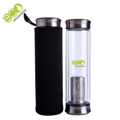 China No minimum 450ml New gym product BPA free double wall glass water bottle with wood lid/wooden cap for sale