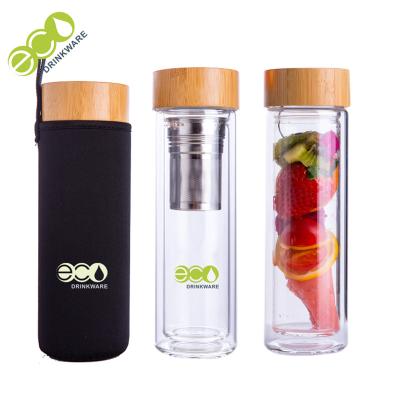 China Small MOQ Unbreakable Double Wall Glass Water Tea Infuser Bottle with Bamboo Lid for sale