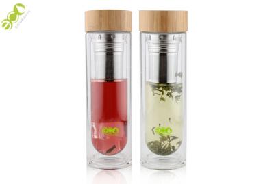 China BPA free 450ml double wall glass infuser bamboo tumbler glasses water drinking  bottle  with bamboo lid for sale