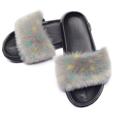 China Fashion Lady Fur Slippers Wholesale Fashion Trend Fashion Faux Fur Stone Slippers Trim Leather Slippers for sale