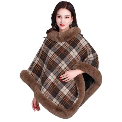 China High Quality Soft Touch Feeling Wool Feeling Cashmere Knitted Elegant Triangle Lady Poncho With Fur Tassels for sale