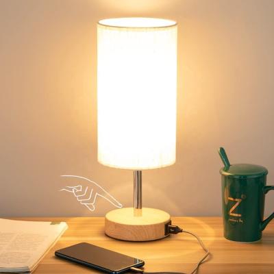 China Modern Bedside Lamp With USB Port - Table Touch Control Lamp For Bedroom Wooden 3 Way Dimmable Nightstand Lamp With Round Flaxen Fabric for sale