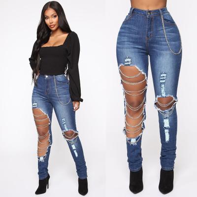 China 2021 New Women'S Strap Breathable High Stretch Wait Cotton Feet Pants Ripped Jeans With Chain for sale