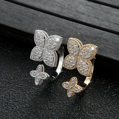 China Long Color Continuing Four Leaf Clover Flower Zirconia Open Adjustable Woman Ring for sale