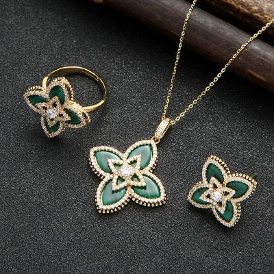 China 2021 High Quality FASHIONABLE Design Insti Zircon Zircon Four Leaf Clover Earrings Rings Necklace 3 Pieces Jewelry Sets for sale