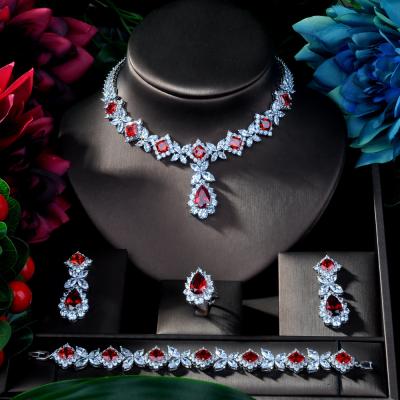 China Romantic Dark Red Crystal Bridal CZ Necklace Silver Wedding Jewelry Sets for sale