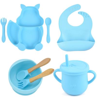 China BPA Free Baby 8PCS Dinnerware Set Dish For Toddler Suction Dish Baby Silicone Bib Bowl Feeding Set for sale