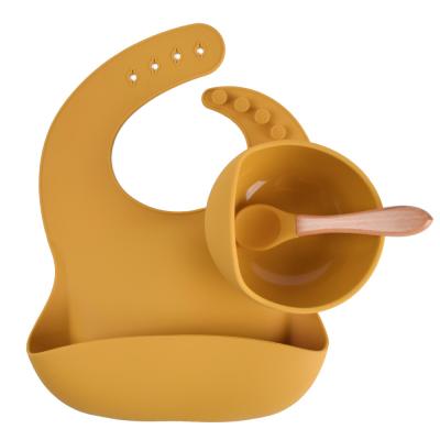 China Minimalist 3PCS Suction Bowl With Weaning Bamboo Bib Baby Set Spoon Waterproof Silicone for sale