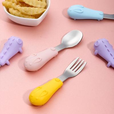 China BPA Free Baby Food Utensil Set Kids Utensil Stainless Steel Toddler Tableware Cartoon Baby Food Spoon Feeding Fork for sale