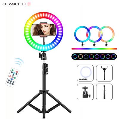 China 2021 newest colorful products PORTABLE tiktok 10 inch phone lighting led RGB selfie ring light with tripod stand for youtube video for sale