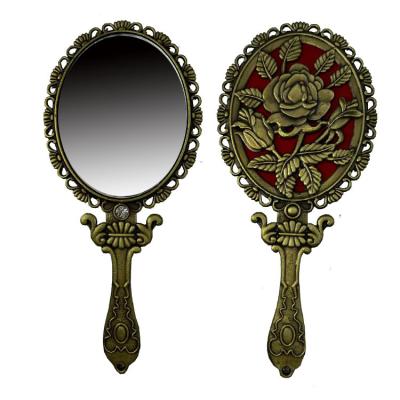 China Custom Brass Printed Metal Vintage Hand Held Mirror Cosmetic Mirror Handle Antique Cosmetic Mirror Metal Plated for sale