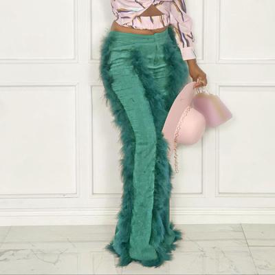 China 2022 New Arrivals Chic Washable Fall Winter Clothing Jogger Pants For Women Autumn Furry Tassel Flared Fringe Corduroy Long Trousers for sale