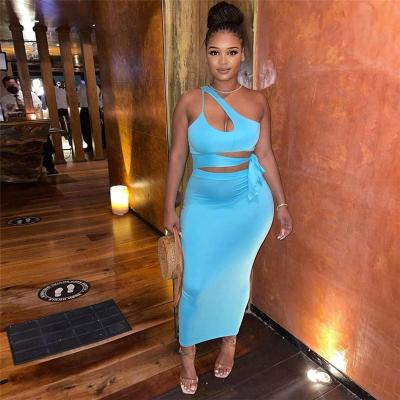 China Summer Breathable New Goods Sleeveless Bodycon Lace Up Blue Dresses For Sexy Ladies Dinner Club Long Cut Women Maxi Dress for sale