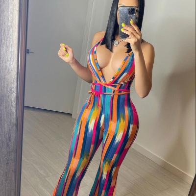 China Viable Irregular Striped Halter Backless Off Shoulder Contrast Women's Lady Jumpsuit Sexy Club V Deep Color Use Loose Jumpsuit for sale