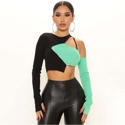 China Sustainable Ladies Spring Tops Chic Contrast Color Hollow Out Off The Shoulder Women Long Sleeve Cropped Top for sale