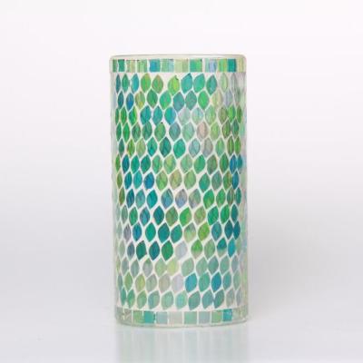 China Hotel home decoration popular selling cylinder shining mosaic green candle holder leaf solar candle holder for sale