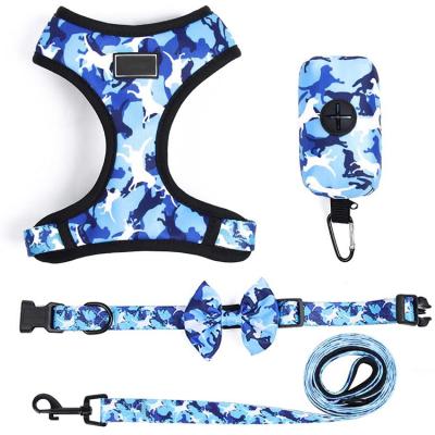 China Wholesale Luxury Padded Fashion Design Dog Harness Set With Matching Collar Leash Bow Tie And Poop Bag for sale