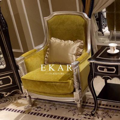 China French Style Single Seater Chair Classic Wooden Armchair Fabric Chair for sale