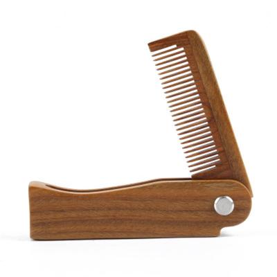 China Beard Care In Green Sandalwood Running Fine Teeth Wooden Detangling Mustache Pocket Folding Beard Comb for sale