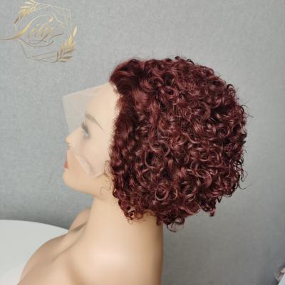 China Jerry Curl 99J Burgundy Pixie Cut Wig, 1B/27 Short Curly Hair Wigs, Cheap Hair Wig Below $26 13X1 Transparent Lace Wig For Women for sale