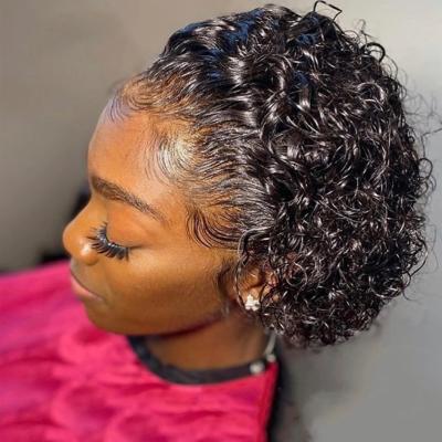 China Jerry Curl Brazilian Curly Pixie Cut Wig, Short Hair Bob Wig Water Wave, 13x1 Lace Up Brazilian Hair Wigs Transparent Lace Wigs for sale