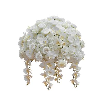 China Natural Touch Customized Artificial White Orchid Flower Centerpiece Rose Flowers Ball Arrangement Handmade Wedding Table Silk Decoration for sale