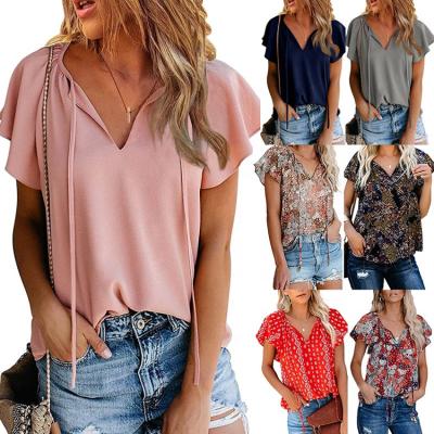 China 2021 Anti-Wrinkle Print High Quality Casual V-Neck Sleeve Shirt Blouse Vintage Short T-Shirt For Women for sale