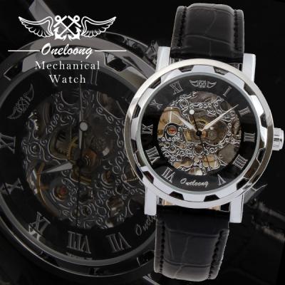 China Black Leather Automatic Skeleton Winner Fashion Date Mechanical Watch For Man Gold Mechanical Wrist Watch for sale