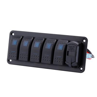 China Long Life And Exquisite Boat Design Marine Universal 12V 24V 5 Gang Rocker Switch Waterproof Blue Light Panel With Dual Usb Charger Socket for sale