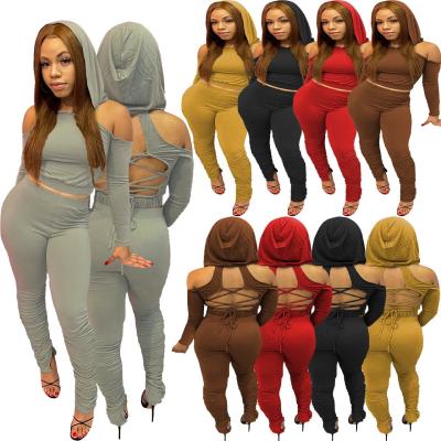 China XLL-2021 Anti-wrinkle fall the shoulder pleated backless two-piece sweatpants set autumn women clothing for sale