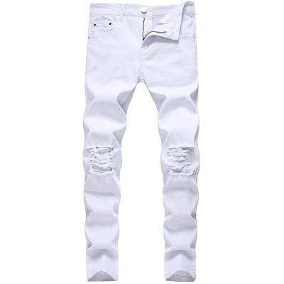 China Wholesale viable high quality formal white hole regular men's jeans 2021 ripped straight casual pants lattice man for sale