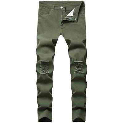 China High Quality Men's Casual Straight Ripped Denim Breeches Custom Green Ripped Regular Mens Breathable Jeans Wholesale With Logo for sale