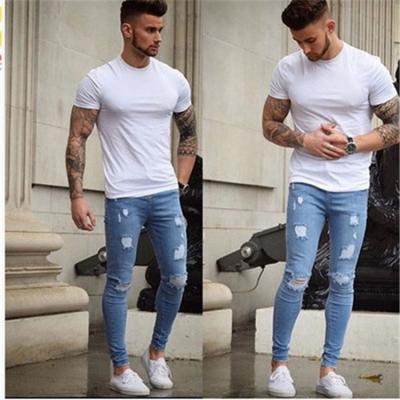 China Wholesale Custom Breathable LOGO Custom Men's Casual Skinny Jeans Destroyed Slim Fit Stretch Fringed Ripped Denim Pants Jeans Man Cheap for sale