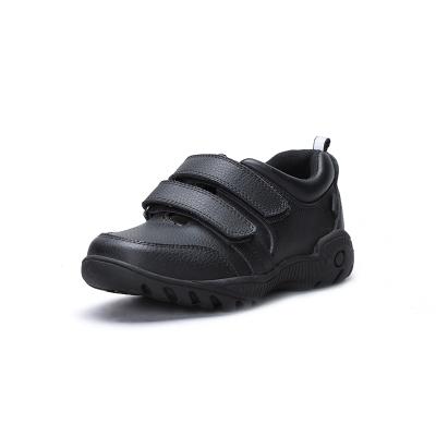 China Round Kids School Uniform Dress Black Shoes Boys Hook And Loop Black Leather School Shoes for sale