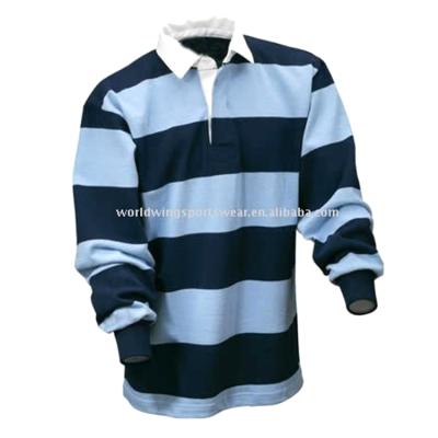 China Antibacterial Mens Cotton Sky And Navy Striped Long Sleeve Rugby Shirt for sale