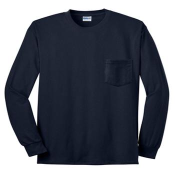 China Anti-Wrinkle Mens Navy 100% Cotton Double-needle Plain Neck And Edge With Left Chest Pocket Long Sleeve T-Shirt for sale