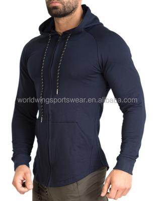 China Breathable men's plain color 90% cotton 10% spandex with curved bottom reglan sleeves and kangroon front pocket tight fit zipper jacket for sale