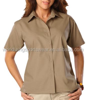 China Cotton Ladies Custom Light Tan Easy Care 65/35 Polyester/Cotton With Matching Buttons With 2 Side Back Pleats Work Poplin Shirt for sale