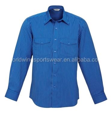 China Breathable Indigo / Silver Stripes Mens 100% Polyester Breathable Shrink Resistant - Maintains Shape Long Sleeves Business Shirts for sale