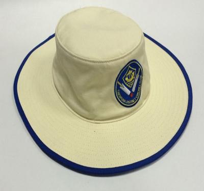 China JOINT Unisex Custom Canvas Beige Cotton With Royal Blue Brim With Embroidered Logo On Front Cricket Sun Hat for sale