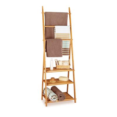 China Fujian 100% Environmental Friendly Bamboo Bathroom 3 Tier Ladder Shower Towel Storage Shelf Rack Holder for sale