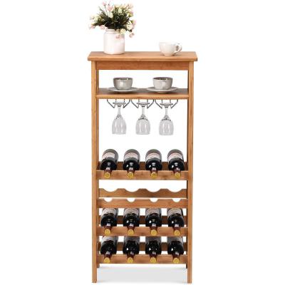 China Restaurant Sustainable Bamboo Four-Layer Bar Kitchen Vertical Wine Rack With 16 Wine Glass Bottle Wine Rack for sale