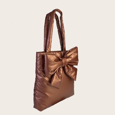 China PORTABLE Fashion Bow Winter Autumn Puffy Handbag Personalized Tote Bag Custom Logo for sale