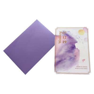 China Customized All Design Paper Purple Rectangle Invitation Card For Wedding Groom Graphic Painted Printing Promotional Golden Words for sale