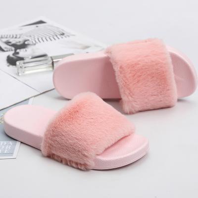 China Fashion Trend Women's Slippers Faux Fur Slides, Flip Flops Open Toe Flat Fuzzy Sandal Soft Faux Fur Slip On Slipper With Fur for sale