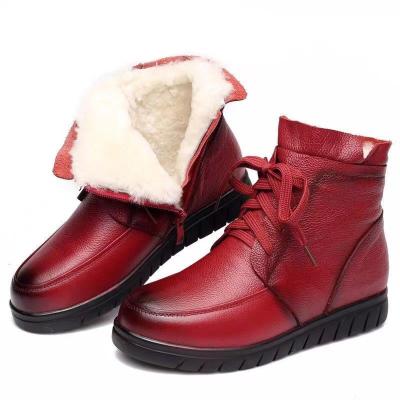 China 2021 Natural Fur Winter Women Snow Boots Vintage Wool Anti-slippery Genuine Leather Warm Ankle Boots For Women Mother Flat Shoes Thick Cotton for sale