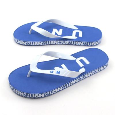 China Anti-Smell Customize Wholesale PVC Unisex Flip Flop Men Summer Gift Blue Thick Sole Eva Beach Use Outdoor Beach Use Slipper With Side Print for sale